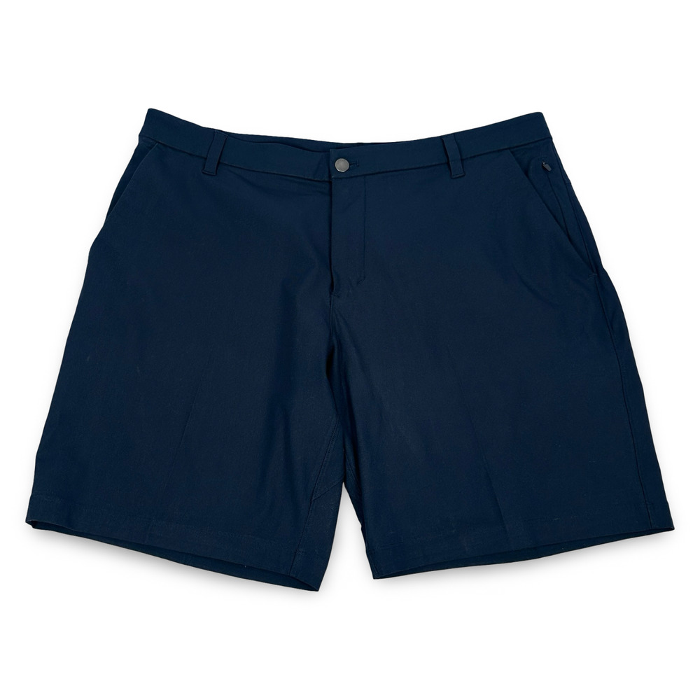 Lululemon T.H.E. Linerless Shorts Mens 38 Navy Blue Pockets Flat Front 9" Inseam